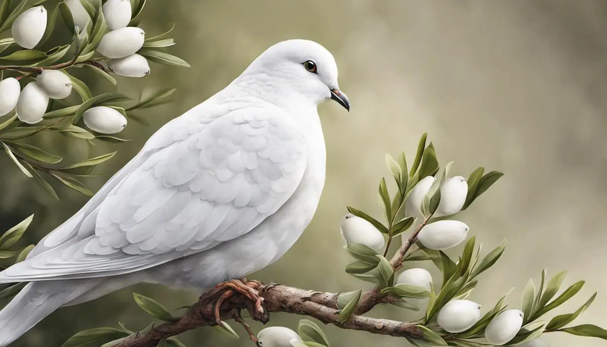 Illustration of a white dove with an olive branch in its beak, representing the biblical symbolism of white birds