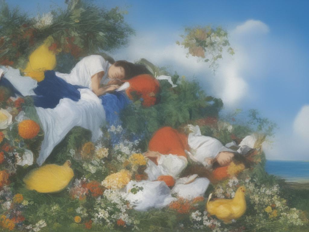 Diet and Its Impact on Dreams - an illustration of a person sleeping and dreaming of chickens, spinach, salmon, oats, and chamomile tea.