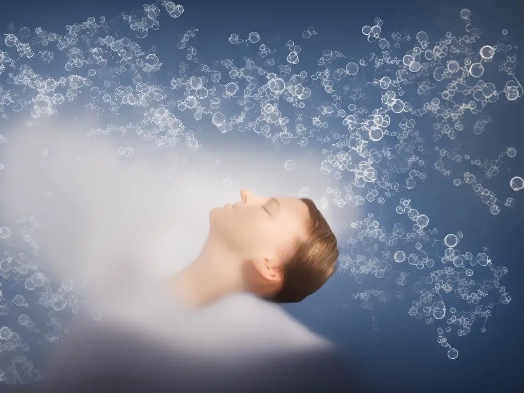 A person sleeping, with thought bubbles representing their dreams and symbols of choking and gasping inside the bubbles.