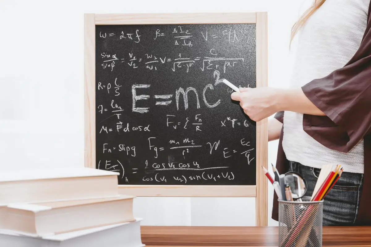 Image of Einstein with a blackboard filled with equations in the background.