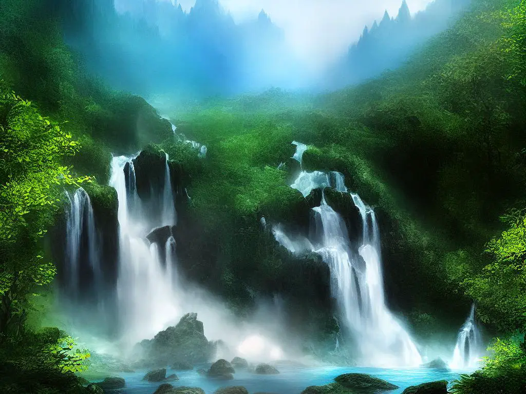 A digital illustration of the Elven Kingdom Dream, portraying a magical and ethereal landscape with majestic forests, waterfalls, and enchanting creatures.