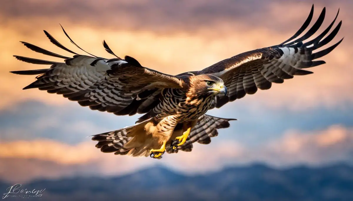 Image of a hawk soaring in the sky with a peaceful and spiritual atmosphere