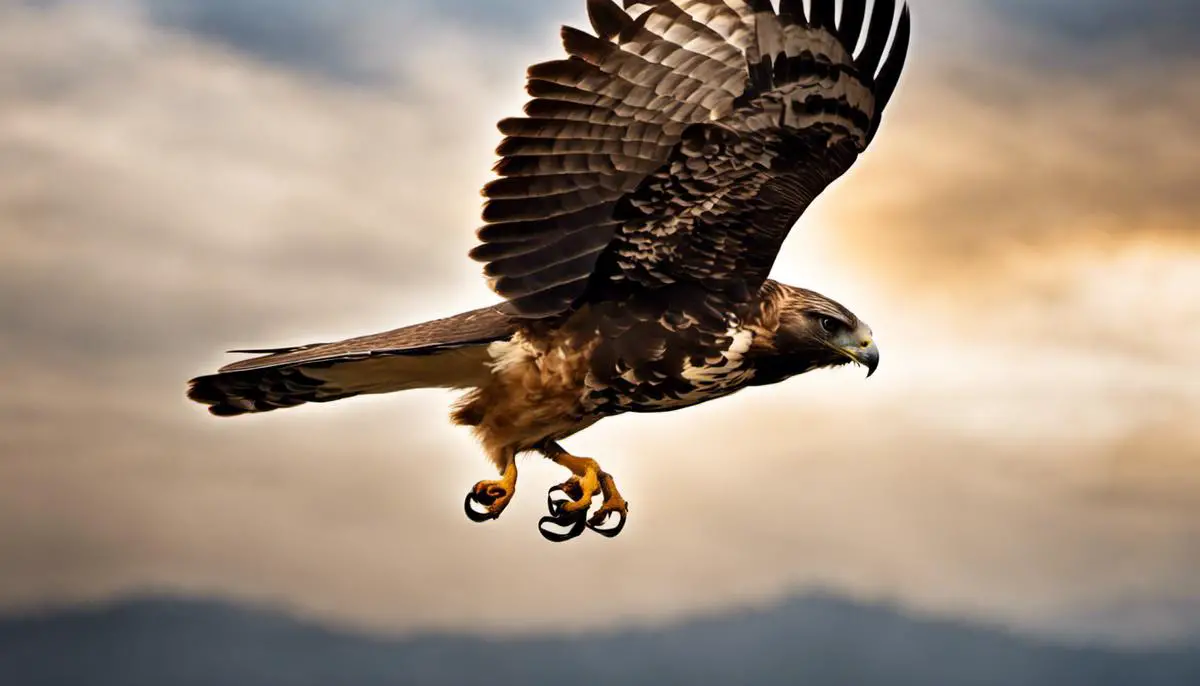 An image of a hawk flying with its wings spread wide, symbolizing power and freedom.