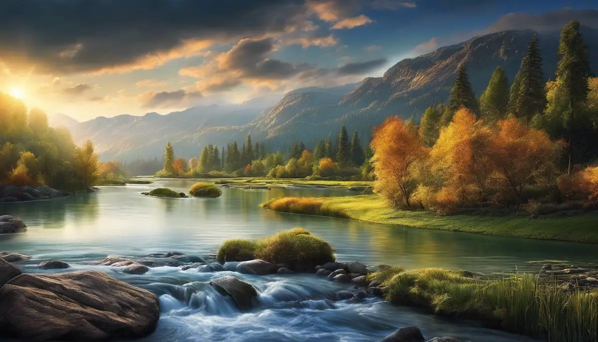 An image of a river flowing through a dreamlike landscape, symbolizing the exploration of dreams and self-discovery.