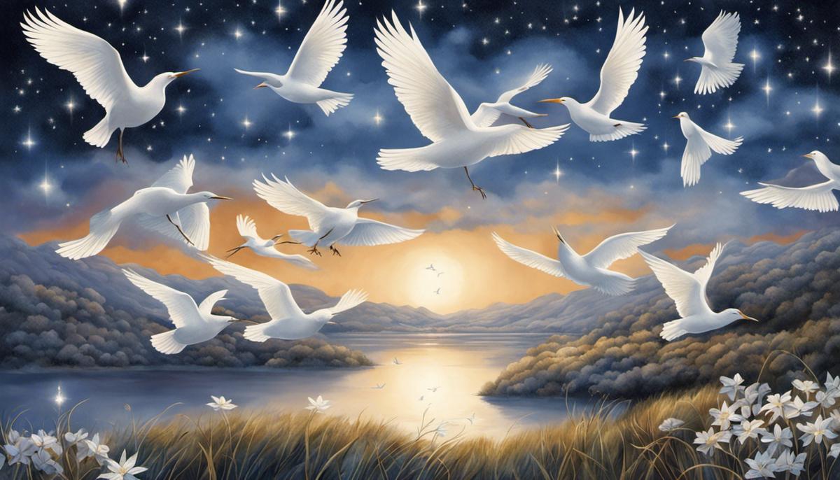 Illustration of various white birds in a dream-like setting with a background of stars and clouds.