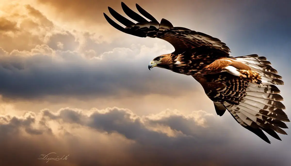 An image of a hawk soaring in the sky, representing freedom, sharp vision, independence, and tenacity.