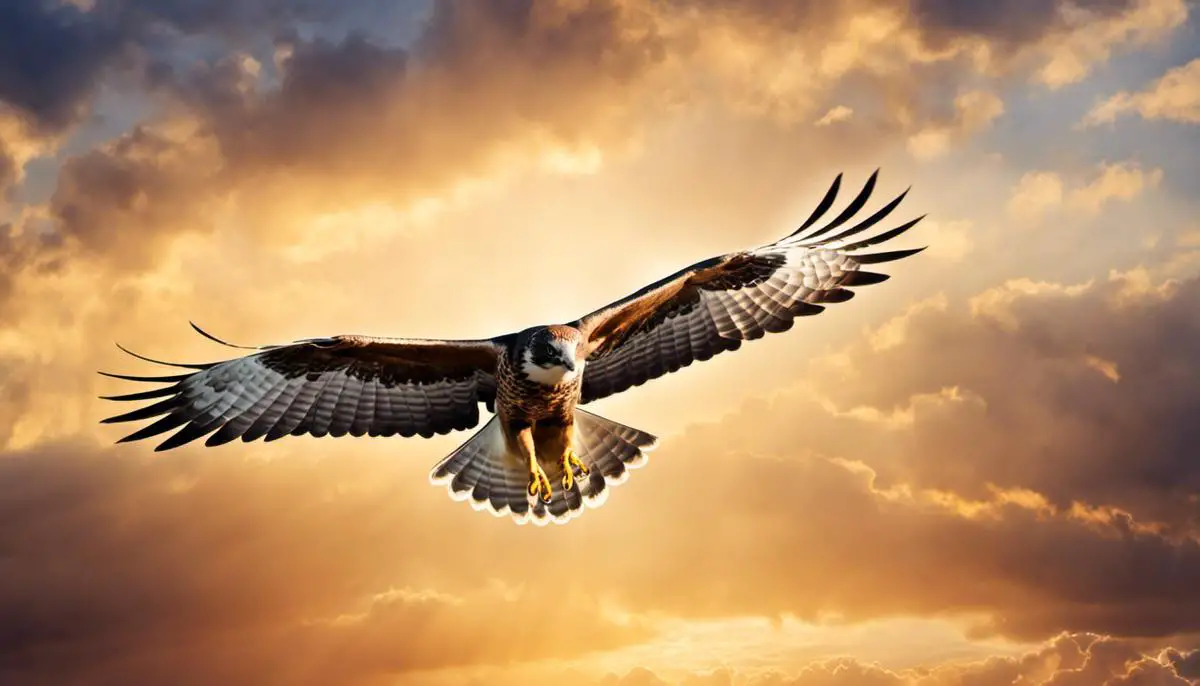 An image of a hawk soaring through a sky with bright sunlight, symbolizing freedom, spiritual enlightenment, and intuition.