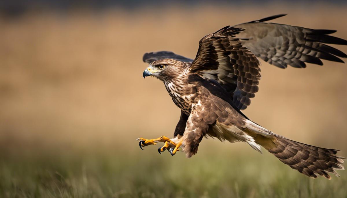 A close-up image of a hawk in flight with its wings spread wide