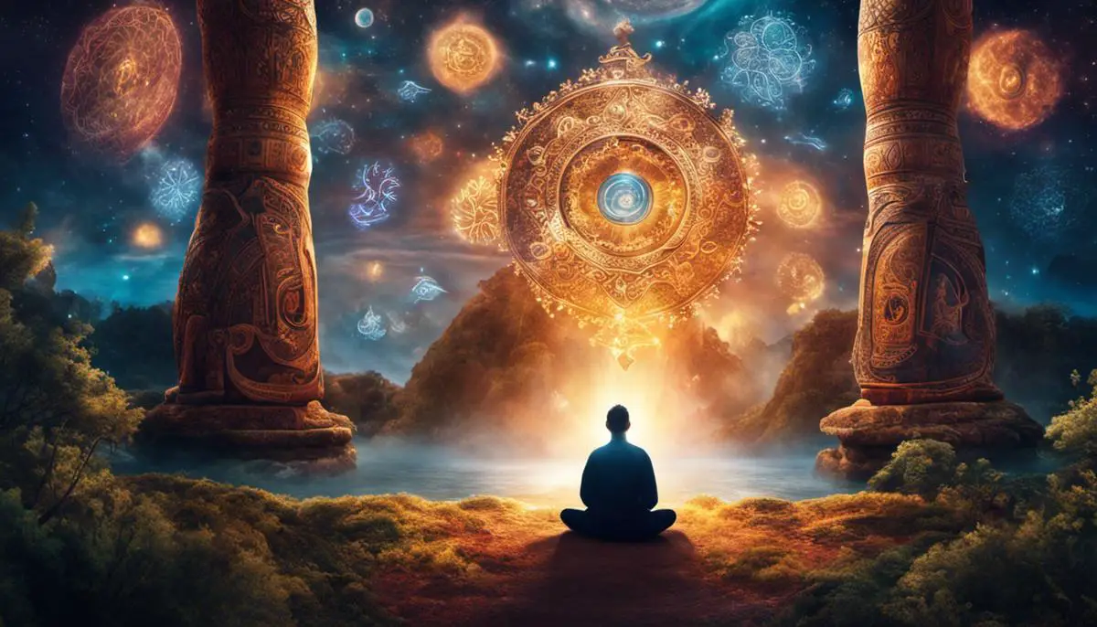 Image description: A person meditating with dreamlike symbols surrounding them. The image represents the concept of understanding totems in dreamworld.