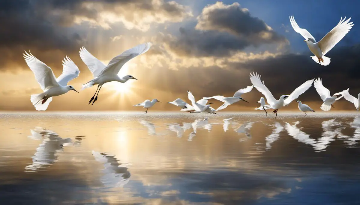Image of white birds flying in the sky, representing their spiritual significance.