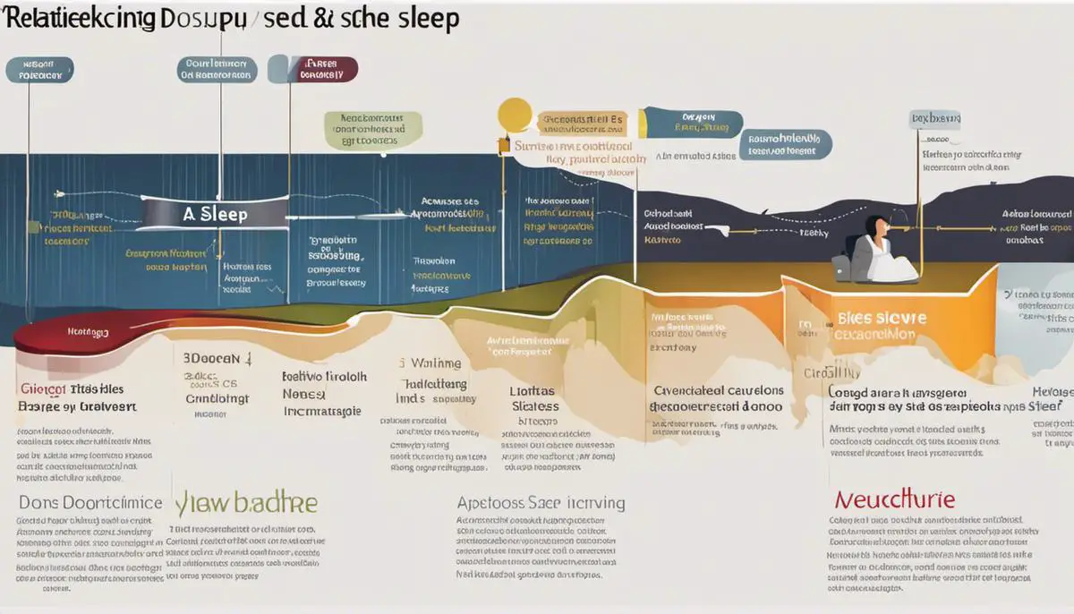 A diagram showing the relationship between alcohol and sleep architecture, depicting the stages of sleep and the disruption caused by alcohol intake.