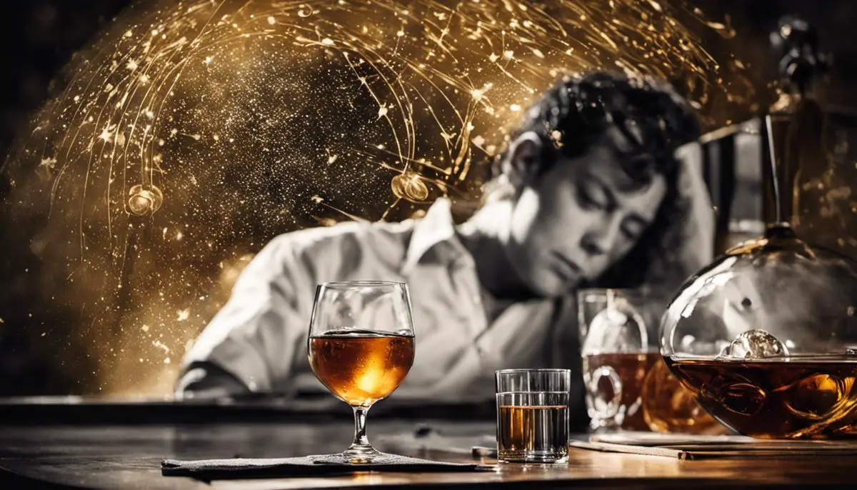 image depicting a person dreaming with a glass of alcohol in the background