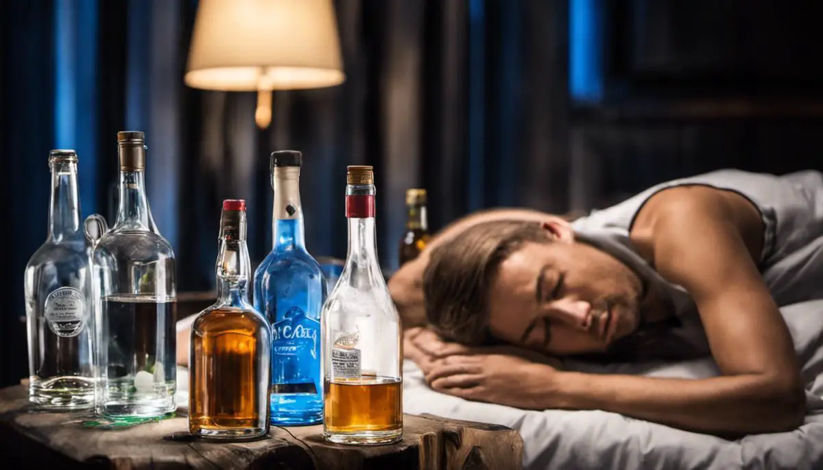 An image depicting the effects of alcohol on sleep, with a person sleeping and alcohol bottles surrounding them, indicating the negative impact on sleep quality.