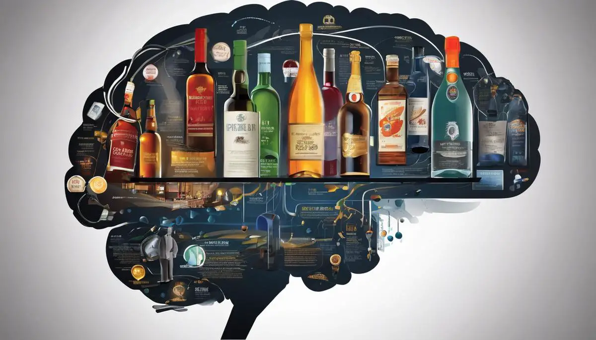Illustration depicting the impacts of alcohol on the brain, highlighting the interconnected systems affected by alcohol consumption.