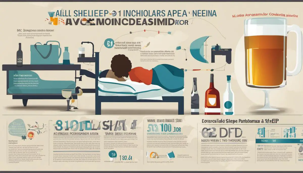 Infographic highlighting the relationship between alcohol and sleep disorders, including insomnia, sleep apnea, and parasomnias.