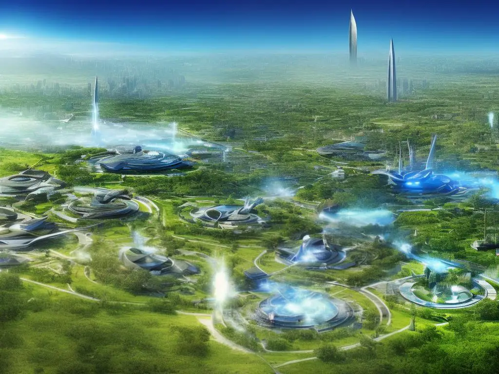 Illustration of an alien city on a distant planet with traditional futuristic buildings, green forests and blue skies.