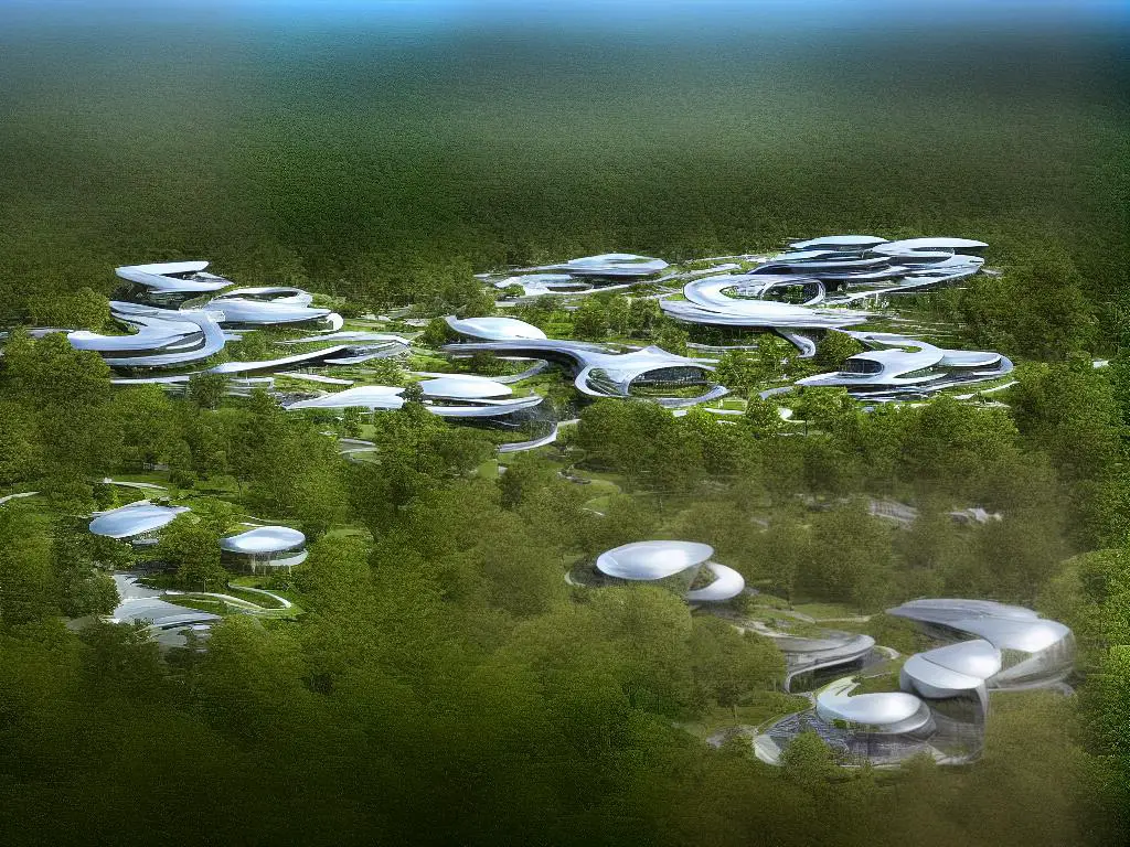 An image of an alien city with a dense forest landscape, featuring buildings integrated into the trees and traditional architectural structures mixed with futuristic, biomorphic shapes