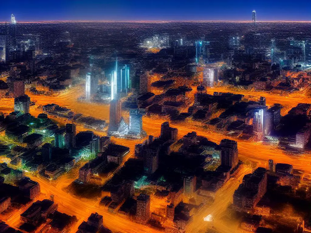 A digitally created image of an alien city at night with tall glowing buildings, flying vehicles and various alien creatures inhabiting the bustling streets.
