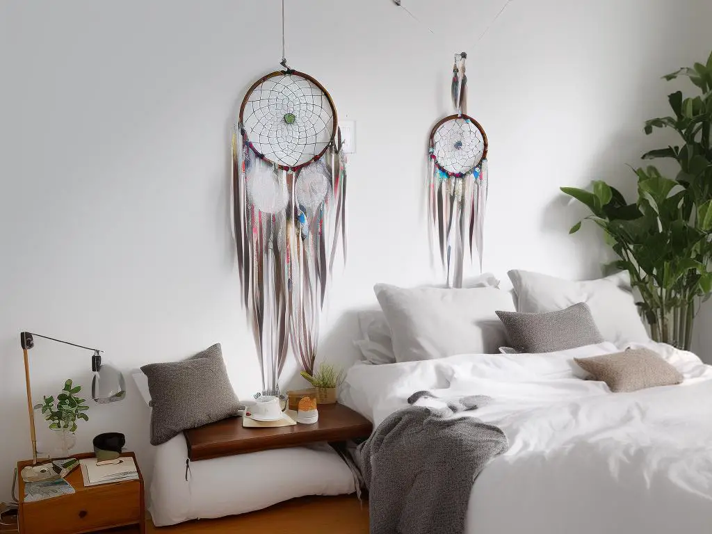 An image of a dreamcatcher hanging above a bed with a notebook and pen on the bedside table.