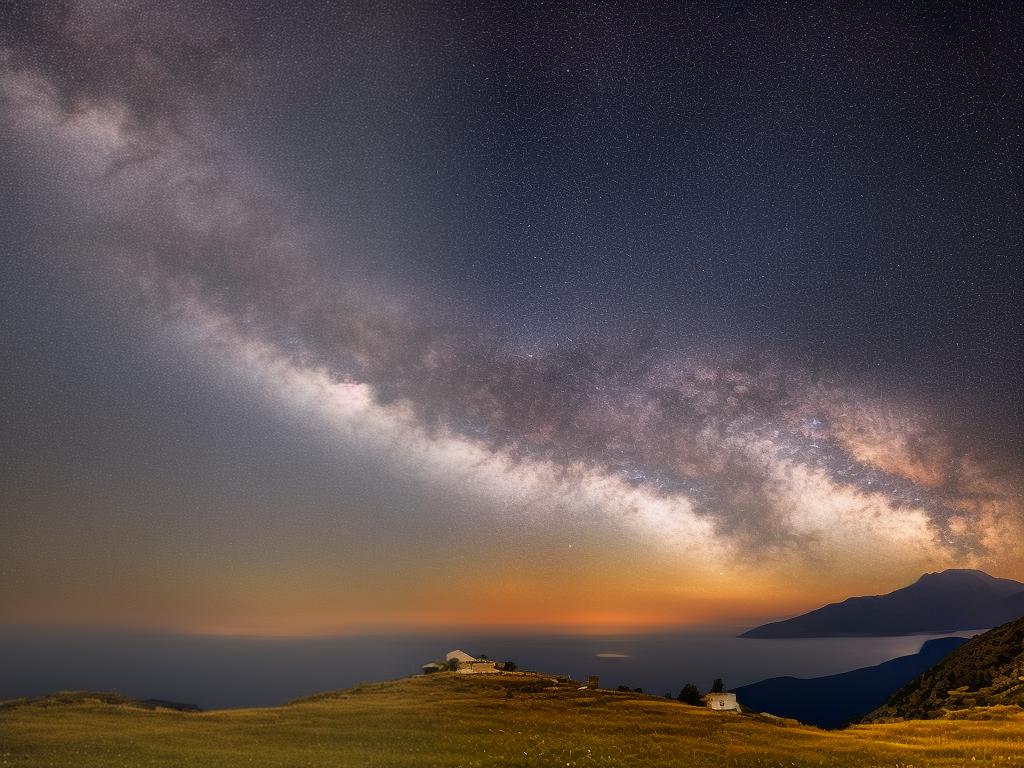 An image of a serene nighttime sky over the mountains of Greece.