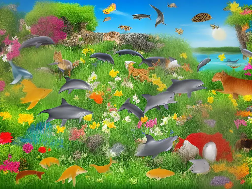 A cartoon image with several different animals sleeping and dreaming various scenes. There's a dog chasing a bone and a cat hunting a mouse, while a dolphin swims, parrot sings, octopus changes colors, and honeybee flies around flowers.