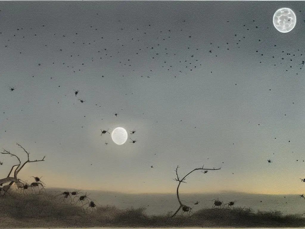 A drawing of ants crawling on a twig with a moon in the background.