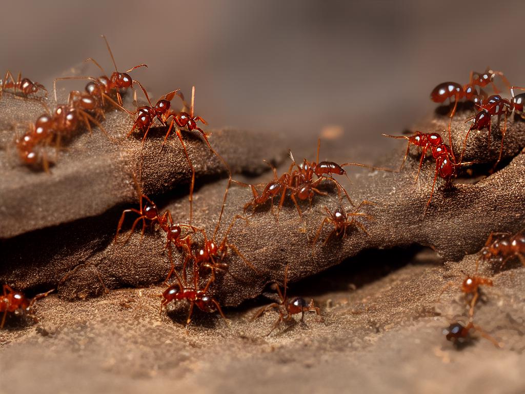 A macro photograph of ants carrying small particles of food, walking in a line on a twig.