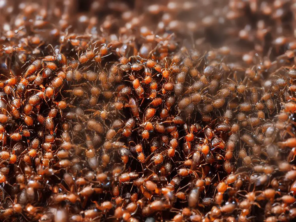 A close up image of a group of ants moving as a colony, carrying tiny objects in their mandibles.