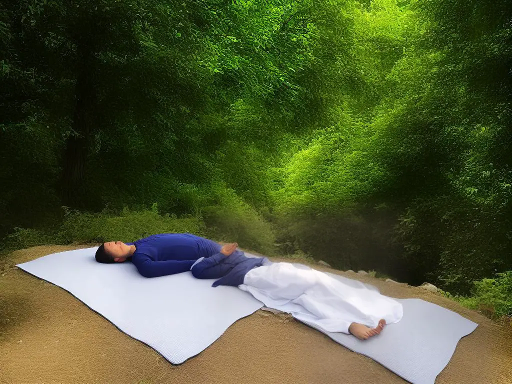 A person lying down with their eyes closed, appearing to be meditating or deeply relaxed, while their consciousness travels outside of their body into another realm.
