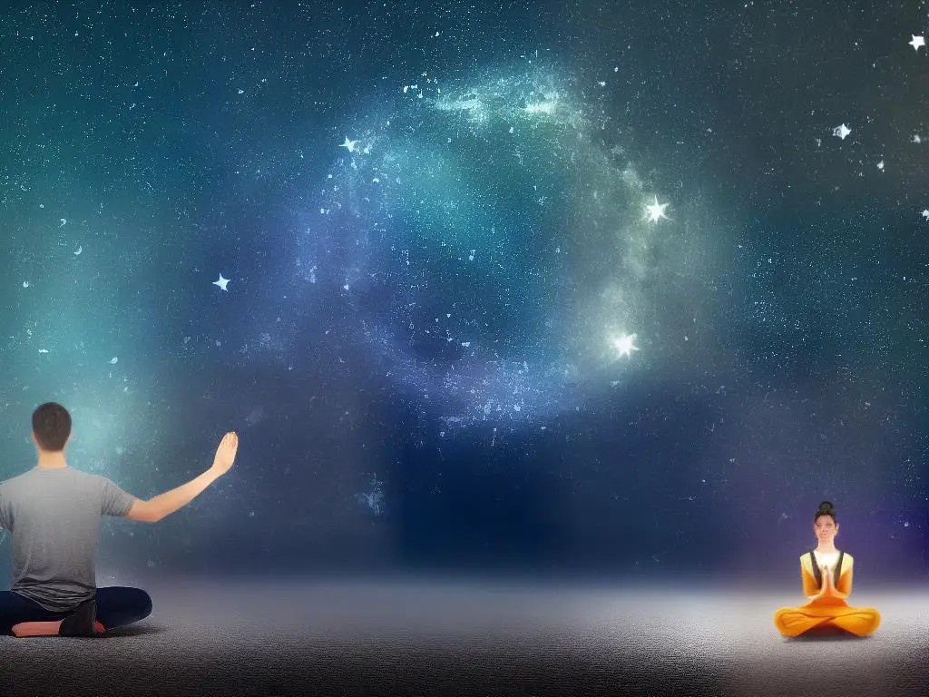 Illustration of a person meditating, surrounded by stars and with a ghostly outline of their astral body separating from their physical body