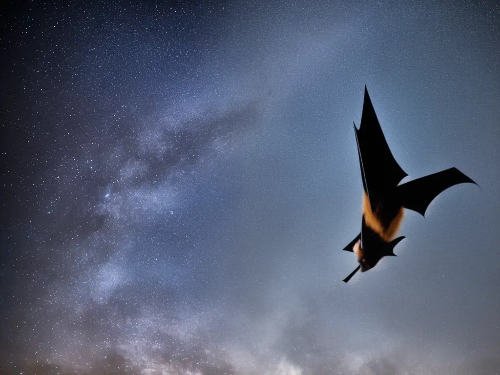 An image of a bat hanging upside down from a tree branch in the night with a star-filled sky in the background.