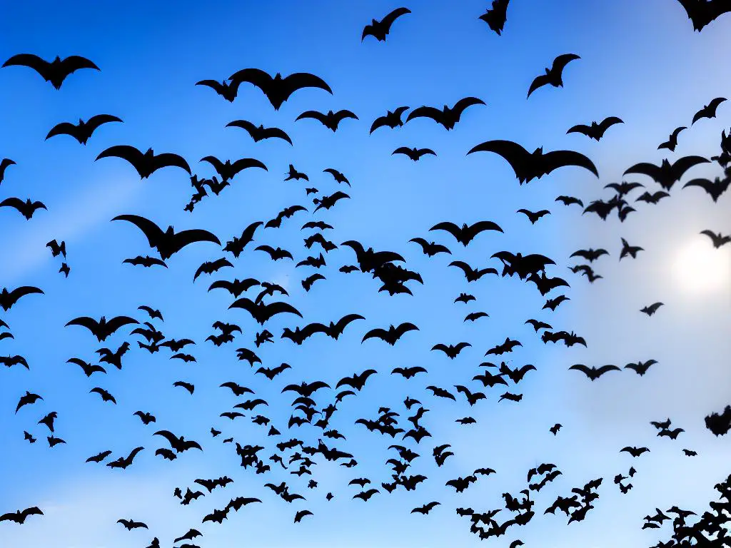 An image depicting multiple bats flying against a dark blue sky with hints of purple and black.