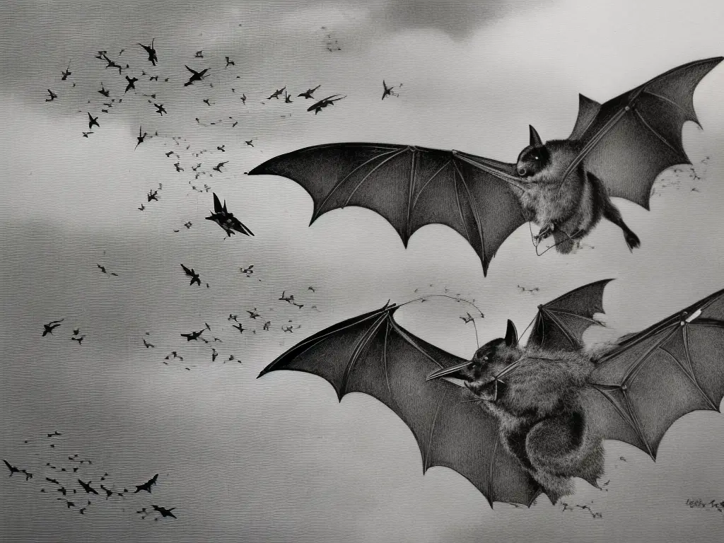 A cartoon drawing of a bat emitting high-frequency calls and listening for the echoes to navigate and find prey.