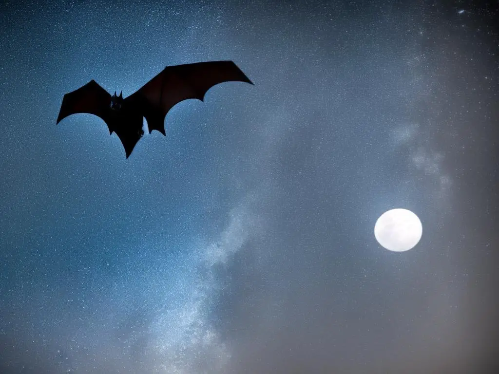 An image of a bat flying in a starry sky with a full moon in the background. The bat is featured prominently, with its wings spread wide.