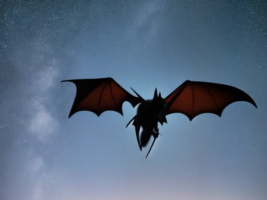 An image of a bat in mid-flight, its wings outstretched, soaring through the night sky.