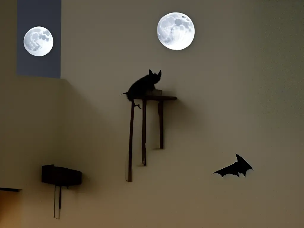 An image of a bat in a house at night, with the moon visible in the window.