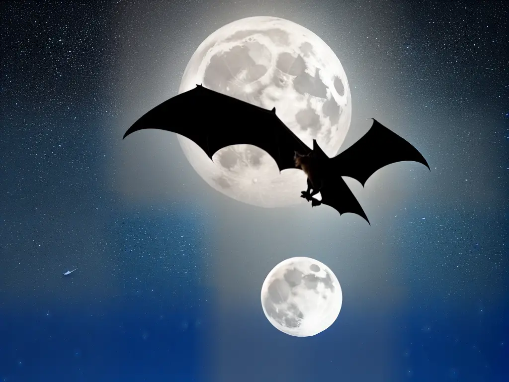 An image of a bat flying in the night sky with a full moon in the background.