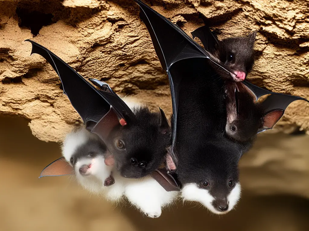 A picture of a bat nursing a newborn pup while hanging upside down in a cave.