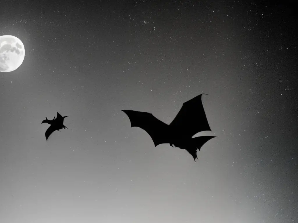 An image of a bat flying in the night sky with a full moon in the background.