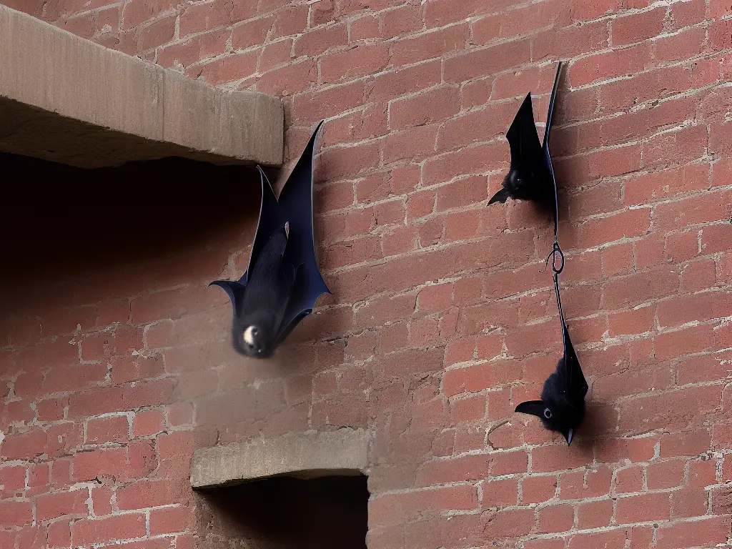 A bat hanging upside down from the eaves of a brick building with small gaps between the bricks for it to creep into.