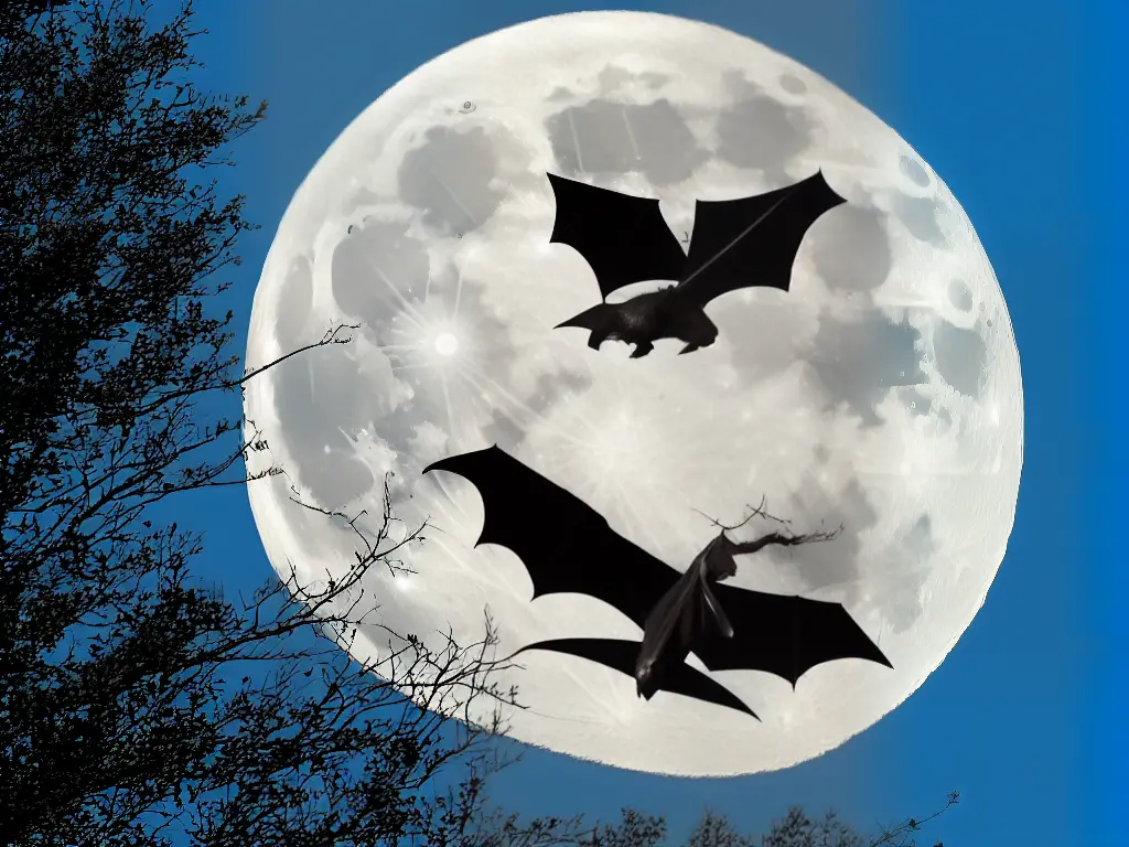 An illustration of a bat hanging upside down in front of a full moon.