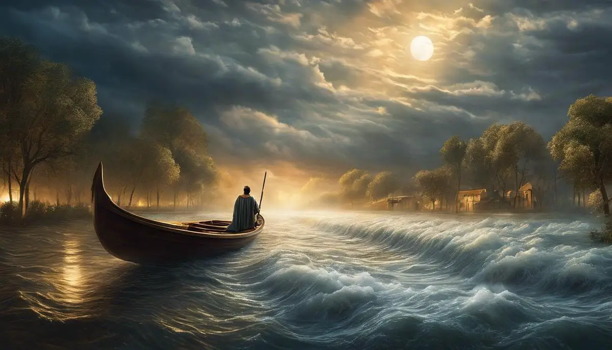 Illustration of biblical flood dreams, showcasing a dreamer standing on a boat surrounded by rising waters, symbolizing transformative periods and divine intervention.