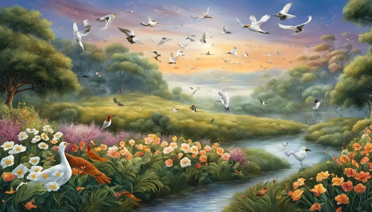 Illustration of various birds in a dreamlike landscape.