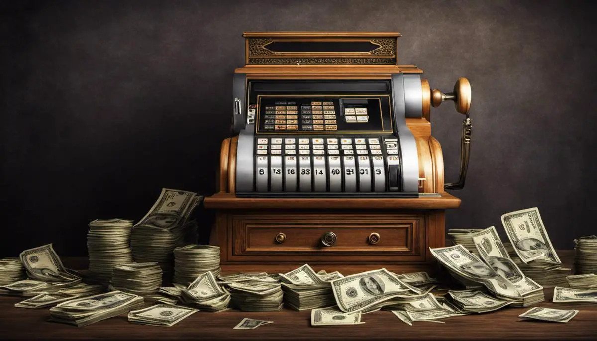 An image depicting a cash register surrounded by question marks, representing the complexity and mystery of cash register dreams.