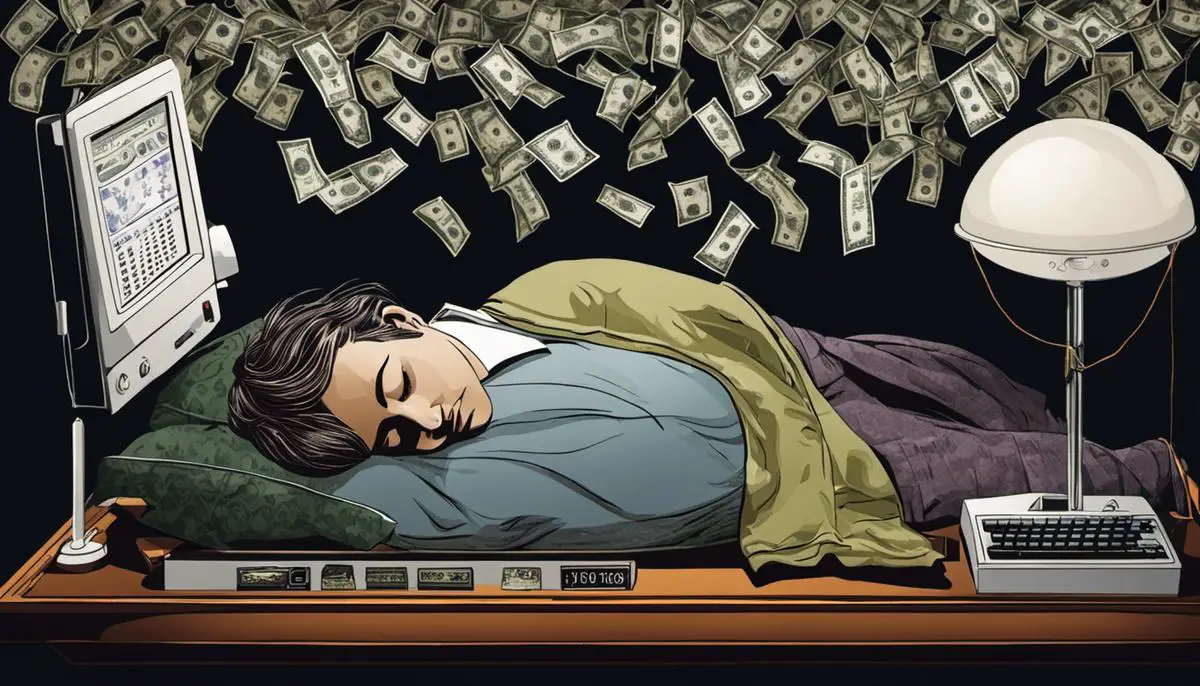 Illustration of a person sleeping with a cash register floating above their head, representing the connection between dreams and the unconscious mind.