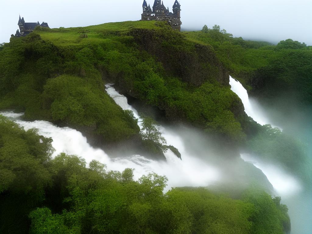 A floating castle high in the clouds with verdant greenery and flowing waterfalls.