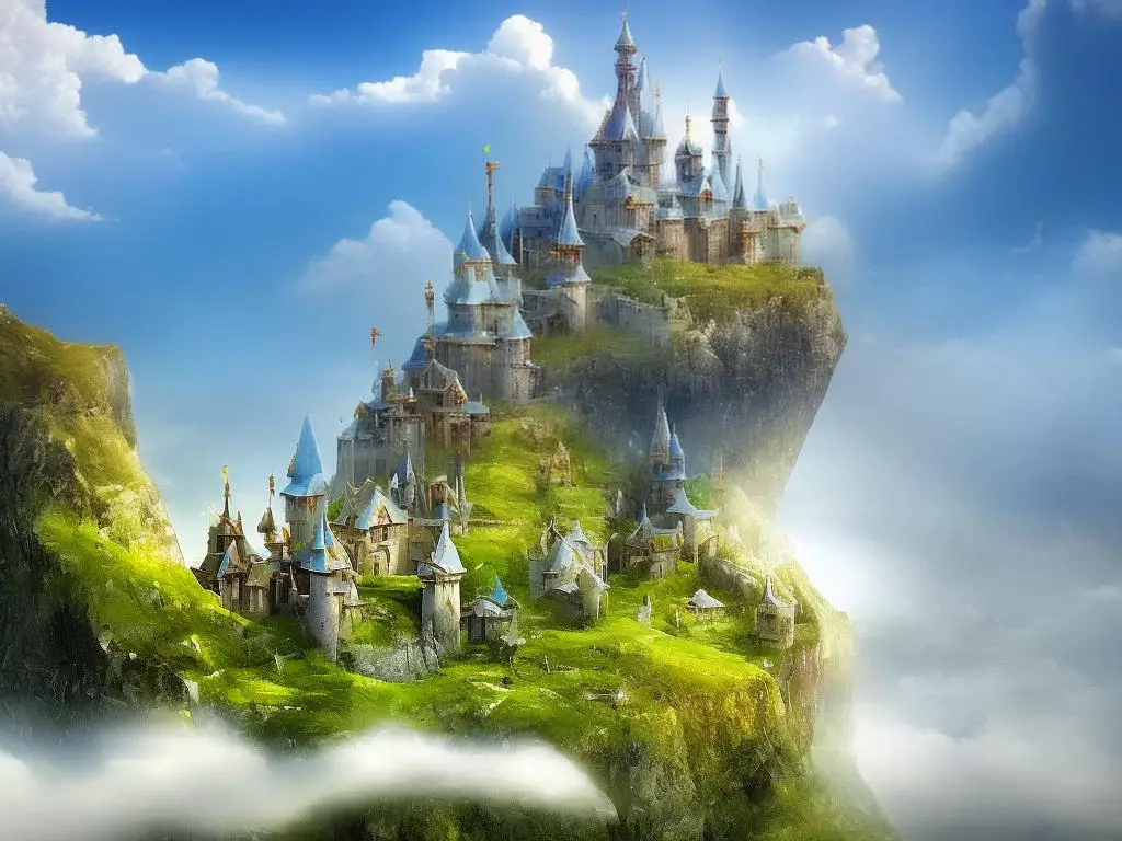 A fantasy castle in the sky with clouds in the background