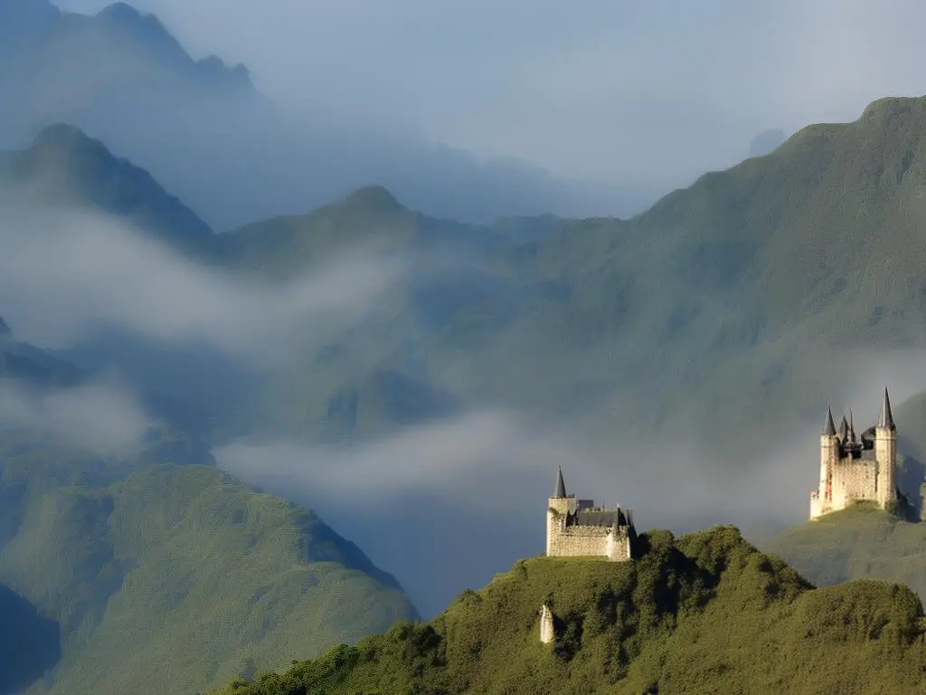 Image of a castle floating high up in the clouds with bright sun rays shining on its towers