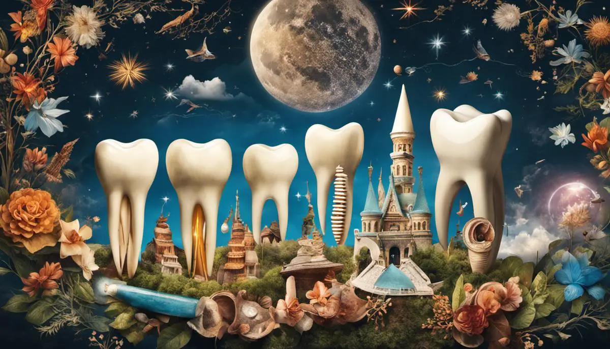 Image of different cultural symbols surrounding a tooth to represent the diverse interpretations of tooth loss in dreams