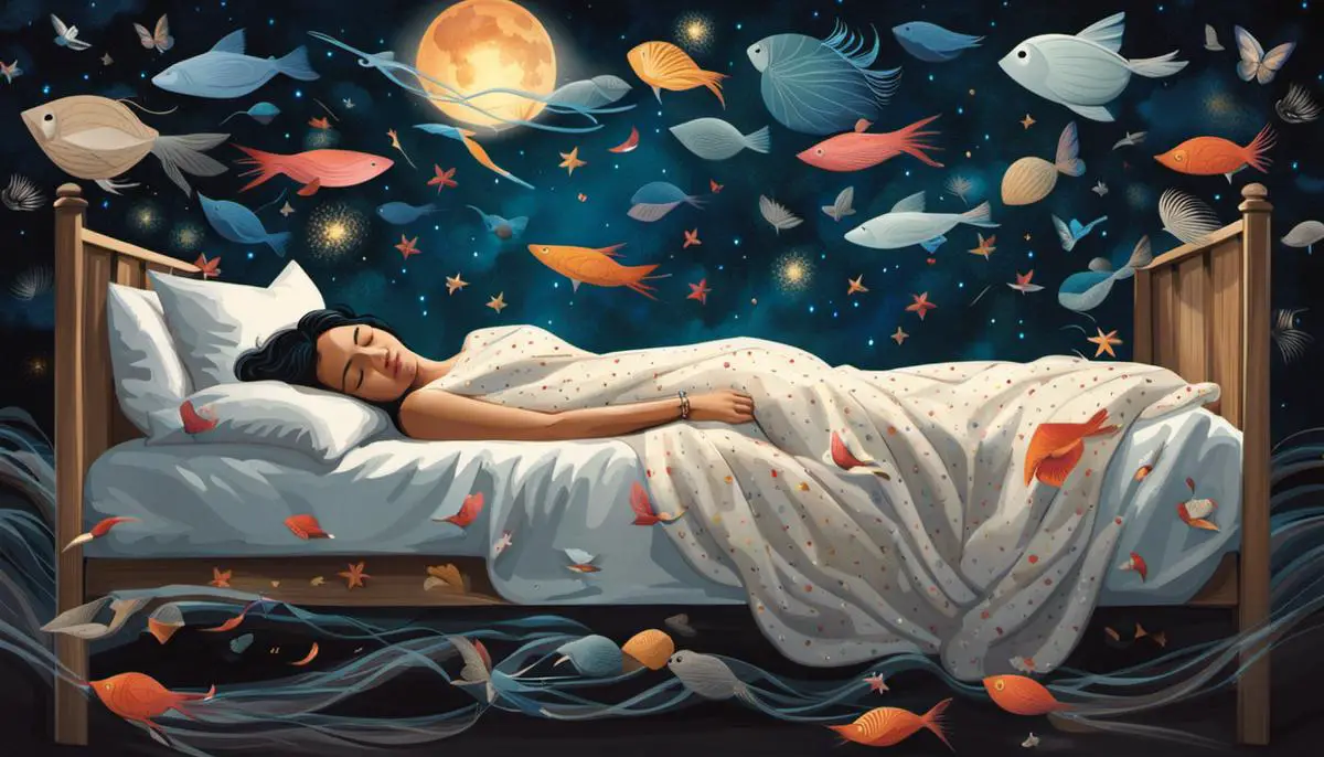 Illustration of a person lying on a bed with closed eyes, surrounded by floating images representing dreams, symbolizing the topic of death in dreams